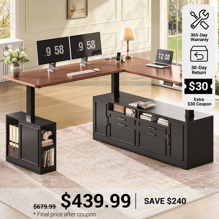 SEDETA 69 Inch L Shaped Electric Standing Desk Height Adjustable Office Executive Desk with 4 Drawers and Storage Shelves Sit Stand Computer Desk with Power Outlet