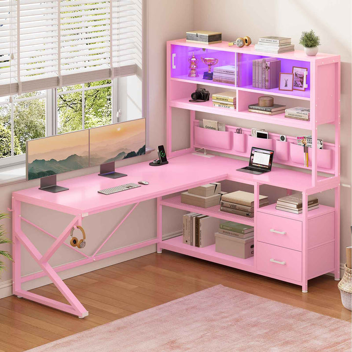SEDETA 59 Inch L Shaped LED Gaming Desk Home Office Computer Table with Drawers and Bookshelf