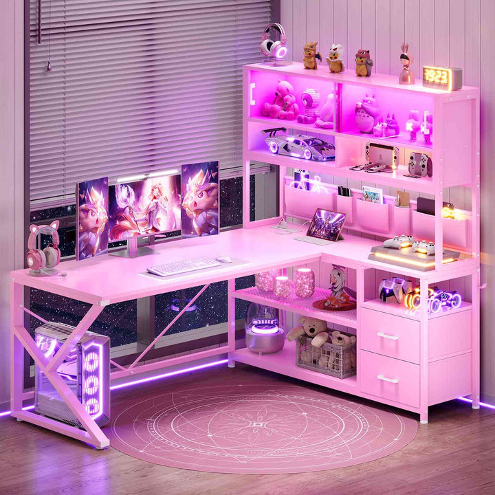 SEDETA 59 Inch L Shaped LED Gaming Desk Home Office Computer Table with Drawers and Bookshelf