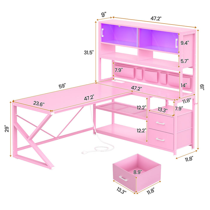 SEDETA 59 Inch L Shaped LED Gaming Desk Home Office Computer Table with Drawers and Bookshelf