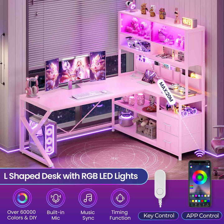 SEDETA 59 Inch L Shaped LED Gaming Desk Home Office Computer Table with Drawers and Bookshelf
