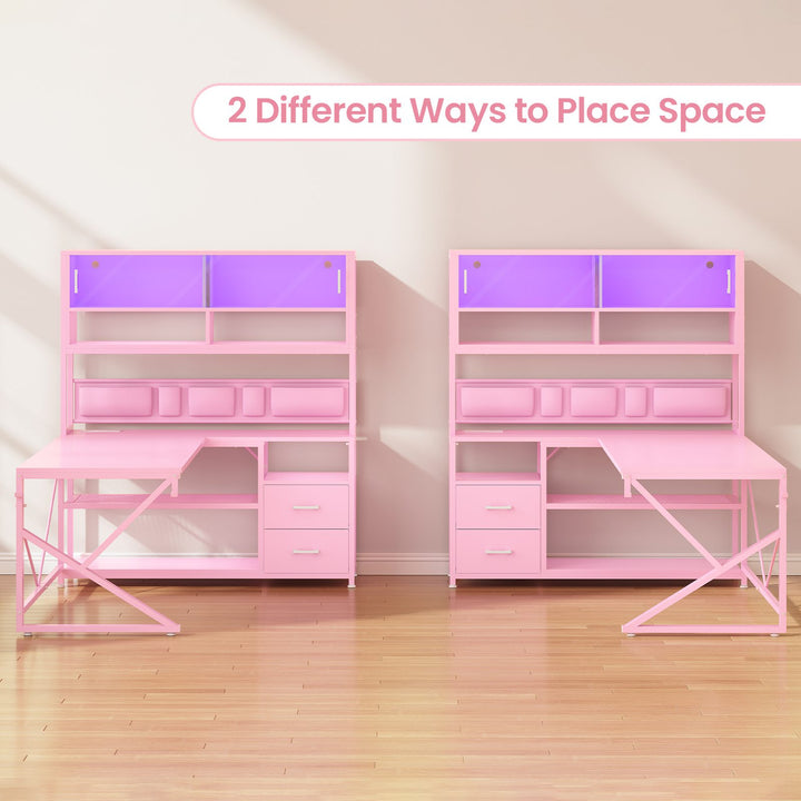 SEDETA 59 Inch L Shaped LED Gaming Desk Home Office Computer Table with Drawers and Bookshelf
