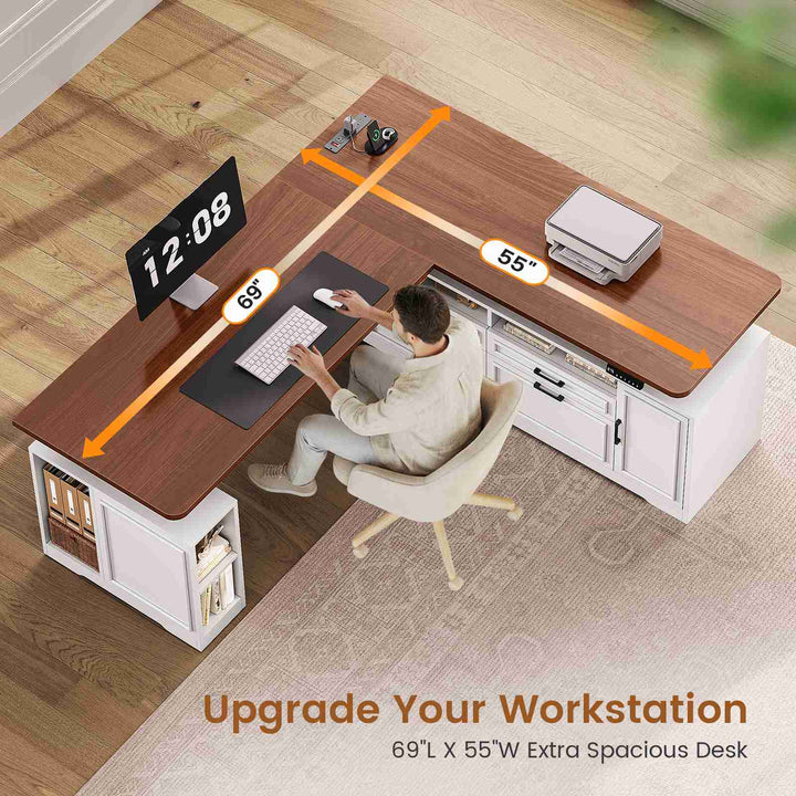 SEDETA® 69 Inch Height Adjustable Standing Desk with 4 Drawers L Shaped Electric  Office Executive Desk with Storage Shelves Sit Stand Computer Desk with Power Outlet