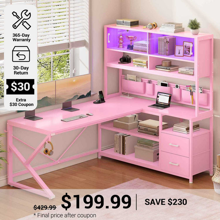 SEDETA 59 Inch L Shaped LED Gaming Desk Home Office Computer Table with Drawers and Bookshelf
