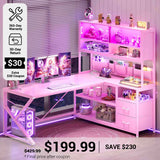 SEDETA 59 Inch L Shaped LED Gaming Desk Home Office Computer Table with Drawers and Bookshelf