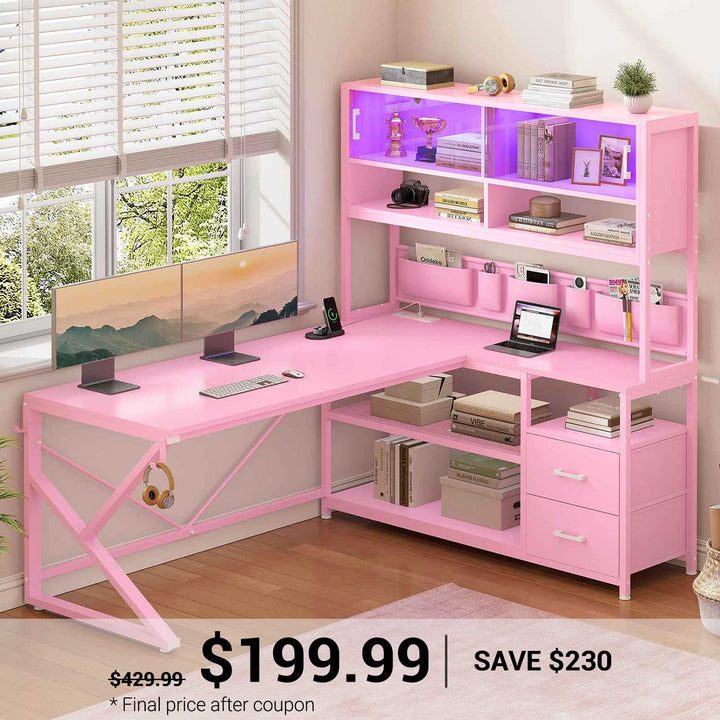 SEDETA 59 Inch L Shaped LED Gaming Desk Home Office Computer Table with Drawers and Bookshelf