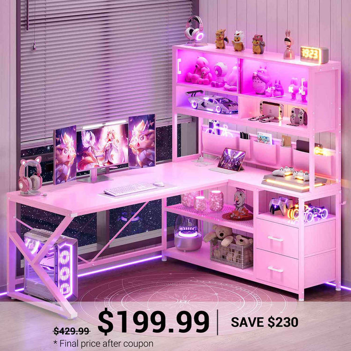 SEDETA 59 Inch L Shaped LED Gaming Desk Home Office Computer Table with Drawers and Bookshelf