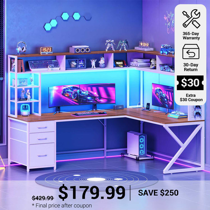 SEDETA® 94.5 Inch Convertible Computer Desk L Shaped Gaming Desk with Drawers Storage Shelves Power Outlet and LED Lights