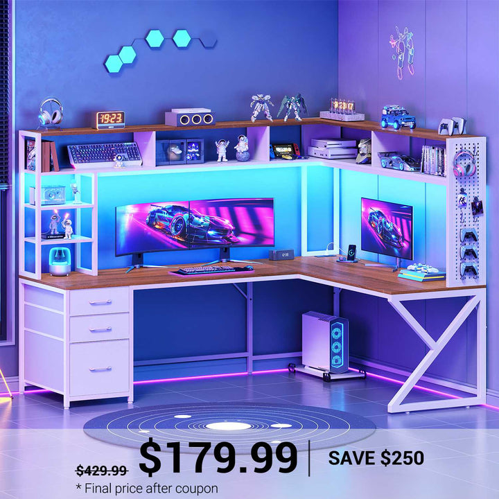 SEDETA® 94.5 Inch Convertible Computer Desk L Shaped Gaming Desk with Drawers Storage Shelves Power Outlet and LED Lights