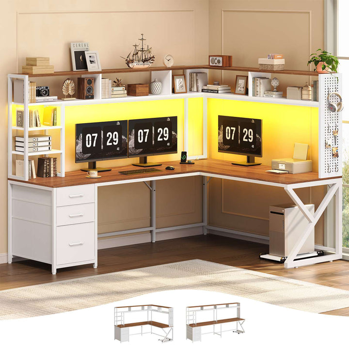 SEDETA 94.5 Inch Convertible Gaming Desk with Storage Shelves and Hutch Computer Desk with Drawers Power Outlet and LED Lights