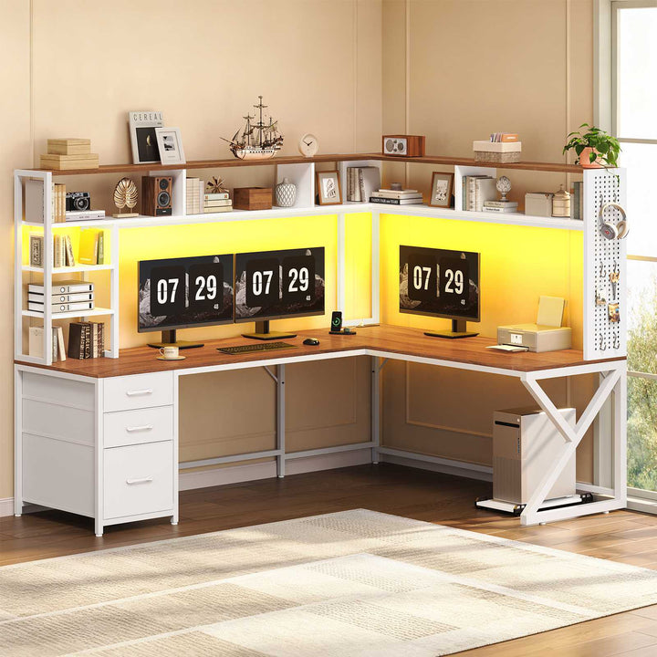 SEDETA 94.5 Inch Convertible Gaming Desk with Storage Shelves and Hutch Computer Desk with Drawers Power Outlet and LED Lights