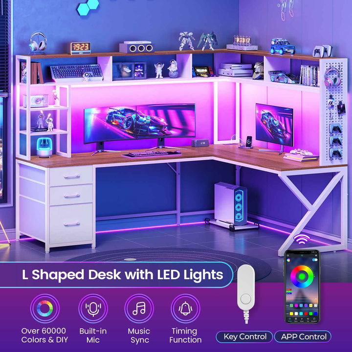 SEDETA 94.5 Inch Convertible Gaming Desk with Storage Shelves and Hutch Computer Desk with Drawers Power Outlet and LED Lights