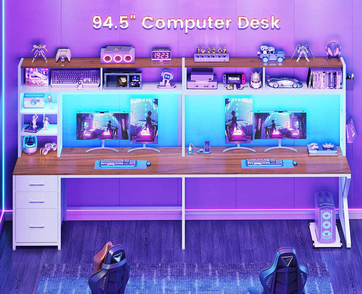 SEDETA 94.5 Inch Convertible Gaming Desk with Storage Shelves and Hutch Computer Desk with Drawers Power Outlet and LED Lights