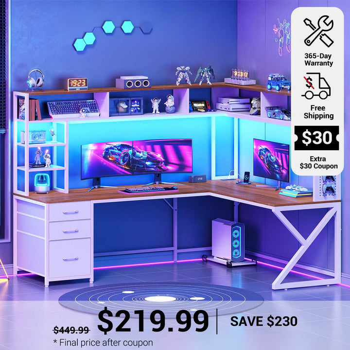SEDETA 94.5 Inch Convertible Gaming Desk with Storage Shelves and Hutch Computer Desk with Drawers Power Outlet and LED Lights