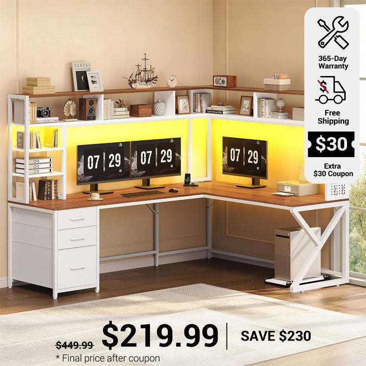 SEDETA 94.5 Inch Convertible Gaming Desk with Storage Shelves and Hutch Computer Desk with Drawers Power Outlet and LED Lights