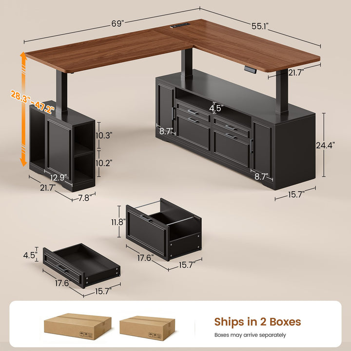 SEDETA® 69 Inch Height Adjustable Standing Desk with 4 Drawers L Shaped Electric  Office Executive Desk with Storage Shelves Sit Stand Computer Desk with Power Outlet