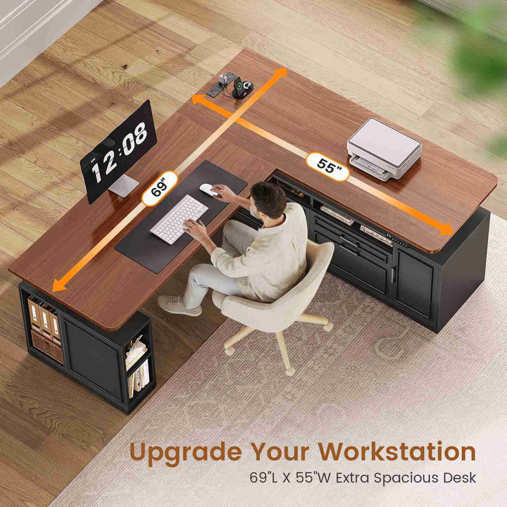 SEDETA® 69 Inch Height Adjustable Standing Desk with 4 Drawers L Shaped Electric  Office Executive Desk with Storage Shelves Sit Stand Computer Desk with Power Outlet