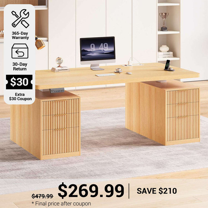 SEDETA® 55 Inch Fluted Electric Standing Desk Ergonomic Height Adjustable Executive Computer Desks with Storage 6 Drawers Power Outlets
