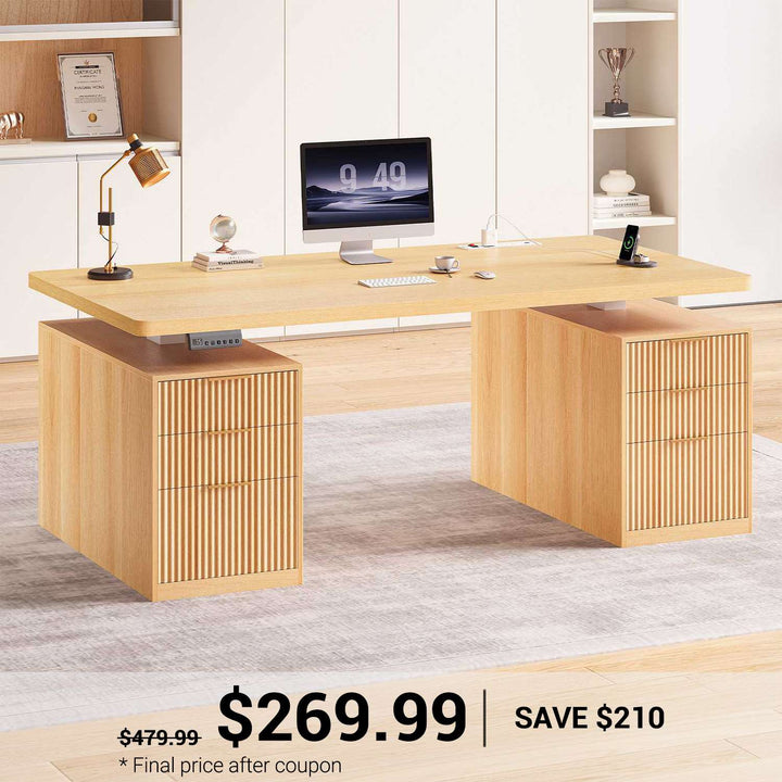 SEDETA | 55 Inch Fluted Sit Stand Adjustable Computer Desks Electric Standing Desk Stand up Executive Desk with Power Outlets 6 Storage Drawers
