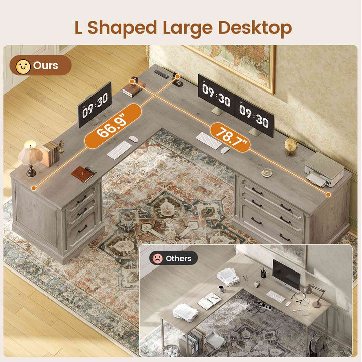 SEDETA 78.7 Inch Farmhouse Wood Corner Computer Desk L Shaped Executive Desk with 6 Storage Drawers Power Outlet for Home Office