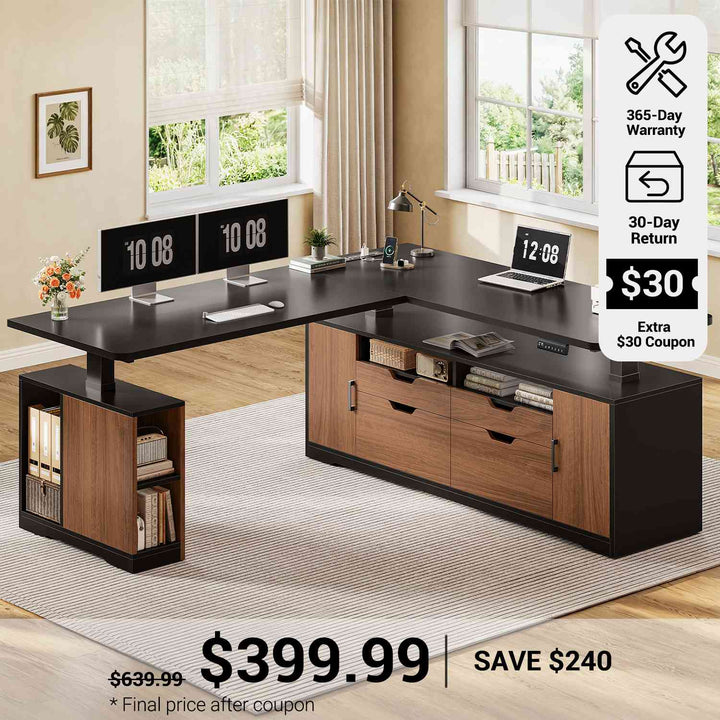 SEDETA® 69 Inch Height Adjustable Office Executive Desk with 4 Drawers L Shaped Electric Standing Desk with Open Storage Shelves Sit Stand Computer Desk with Power Outlet
