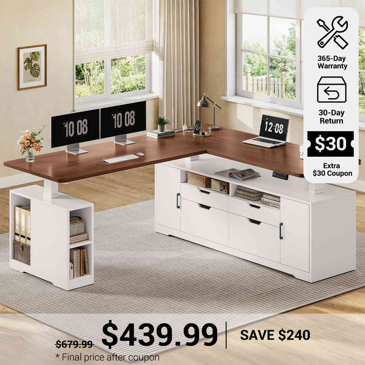 SEDETA 69 Inch L Shaped Sit Stand Computer Desk with Power Outlet Electric Standing Desk Height Adjustable Office Executive Desk with 4 Drawers and Storage Shelves