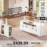 SEDETA 69 Inch L Shaped Sit Stand Computer Desk with Power Outlet Electric Standing Desk Height Adjustable Office Executive Desk with 4 Drawers and Storage Shelves