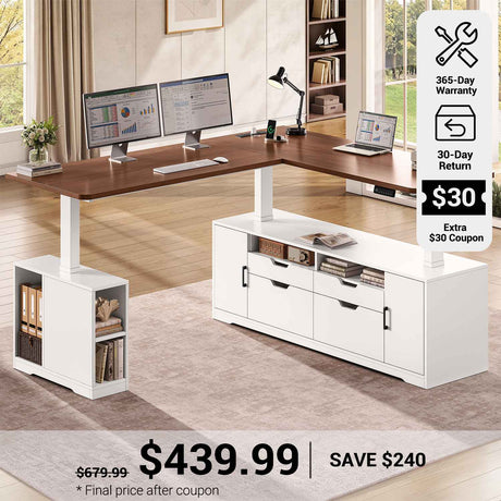 SEDETA 69 Inch L Shaped Sit Stand Computer Desk with Power Outlet Electric Standing Desk Height Adjustable Office Executive Desk with 4 Drawers and Storage Shelves
