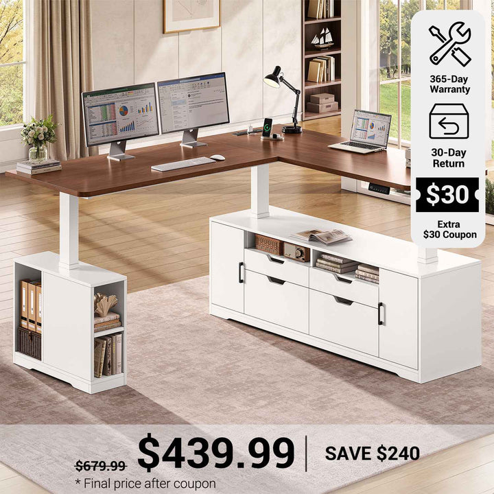SEDETA 69 Inch L Shaped Sit Stand Computer Desk with Power Outlet Electric Standing Desk Height Adjustable Office Executive Desk with 4 Drawers and Storage Shelves