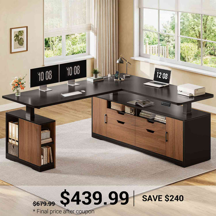 SEDETA 69 Inch L Shaped Sit Stand Computer Desk with Power Outlet Electric Standing Desk Height Adjustable Office Executive Desk with 4 Drawers and Storage Shelves