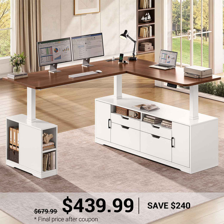 SEDETA 69 Inch L Shaped Sit Stand Computer Desk with Power Outlet Electric Standing Desk Height Adjustable Office Executive Desk with 4 Drawers and Storage Shelves