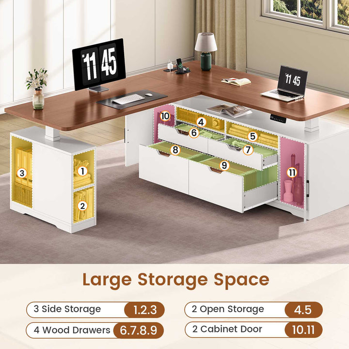 SEDETA® 69 Inch Height Adjustable Office Executive Desk with 4 Drawers L Shaped Electric Standing Desk with Open Storage Shelves Sit Stand Computer Desk with Power Outlet