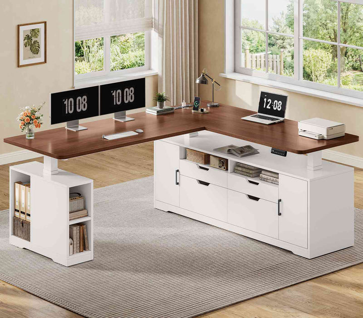 SEDETA® 69 Inch Height Adjustable Office Executive Desk with 4 Drawers L Shaped Electric Standing Desk with Open Storage Shelves Sit Stand Computer Desk with Power Outlet