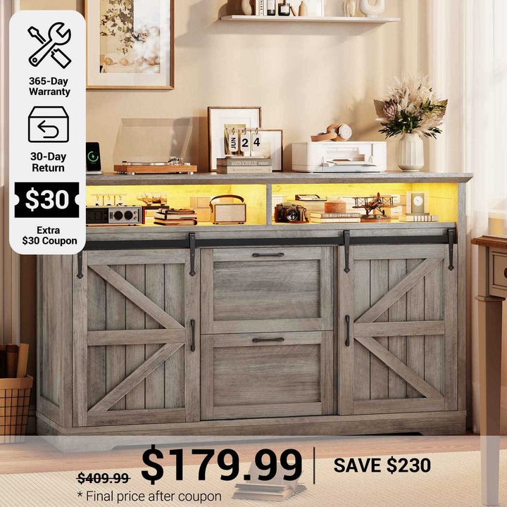 SEDETA® 47.2 Inch Filing Cabinets Farmhouse File Cabinet fit Legal/Letter/A4 File with Barn Door Printer Stand Power Outlets LED Lights