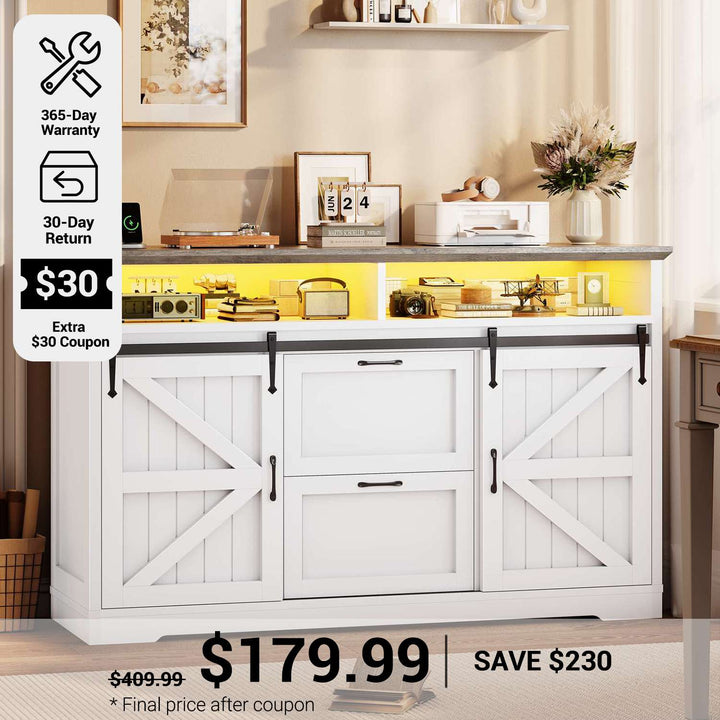 SEDETA® 47.2 Inch Filing Cabinets Farmhouse File Cabinet fit Legal/Letter/A4 File with Barn Door Printer Stand Power Outlets LED Lights