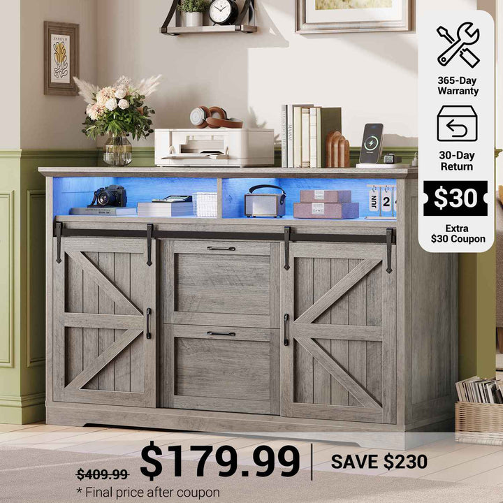 SEDETA® 47.2 Inch Filing Cabinets Farmhouse File Cabinet fit Legal/Letter/A4 File with Barn Door Printer Stand Power Outlets LED Lights