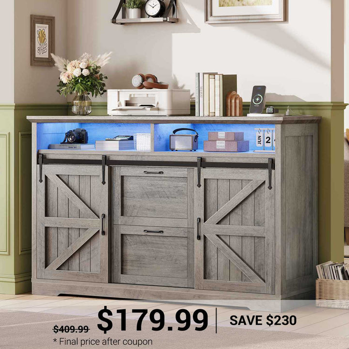 SEDETA | 47.2 Inch Farmhouse File Cabinet with Barn Door Printer Stand Power Outlets LED Lights Filing Cabinets fit Legal/Letter/A4 File