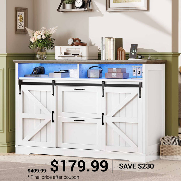 SEDETA | 47.2 Inch Farmhouse File Cabinet with Barn Door Printer Stand Power Outlets LED Lights Filing Cabinets fit Legal/Letter/A4 File