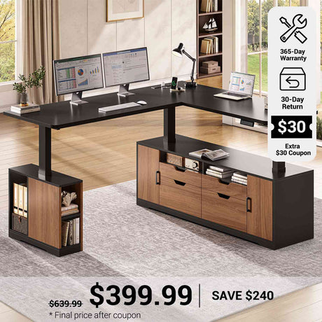 SEDETA® 69 Inch Height Adjustable Office Executive Desk with 4 Drawers L Shaped Electric Standing Desk with Open Storage Shelves Sit Stand Computer Desk with Power Outlet
