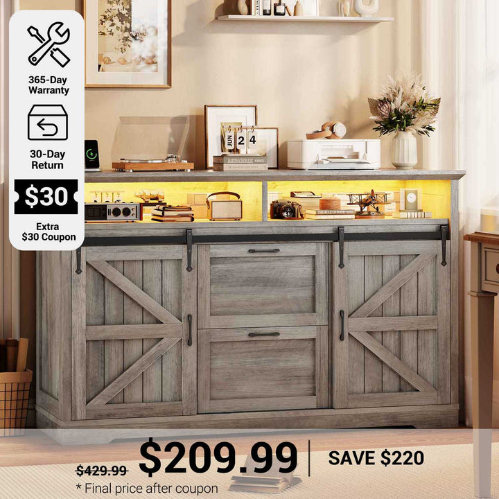 SEDETA 47.2 Inch File Cabinet 2 Drawers Farmhouse Filing Cabinets for A4 File with Barn Door Power Outlets Printer Stand LED Lights