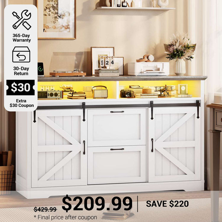 SEDETA 47.2 Inch File Cabinet 2 Drawers Farmhouse Filing Cabinets for A4 File with Barn Door Power Outlets Printer Stand LED Lights