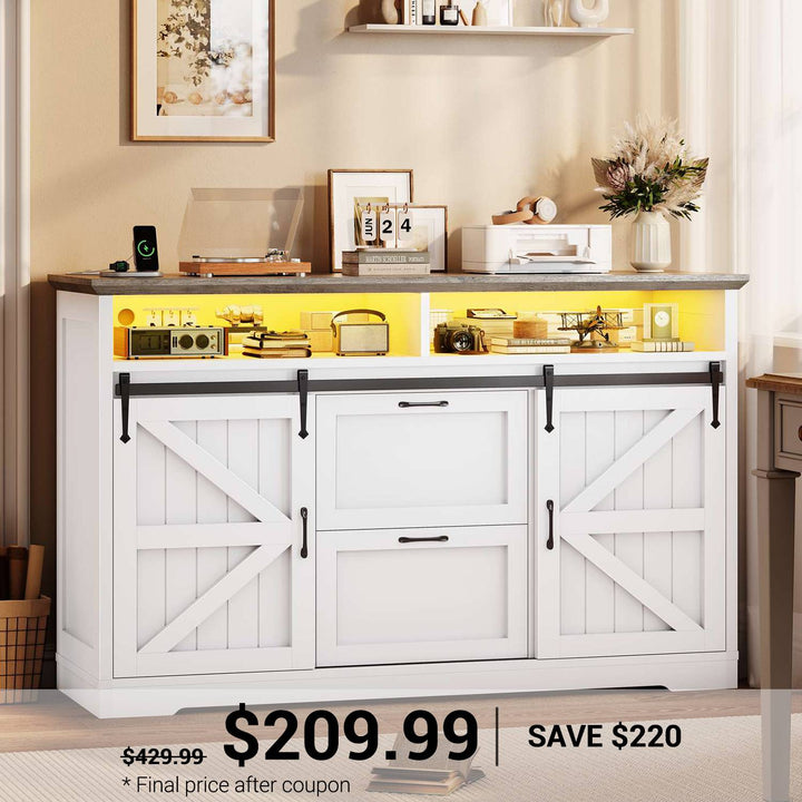 SEDETA 47.2 Inch File Cabinet 2 Drawers Farmhouse Filing Cabinets for A4 File with Barn Door Power Outlets Printer Stand LED Lights