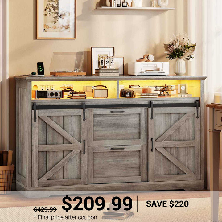 SEDETA 47.2 Inch File Cabinet 2 Drawers Farmhouse Filing Cabinets for A4 File with Barn Door Power Outlets Printer Stand LED Lights