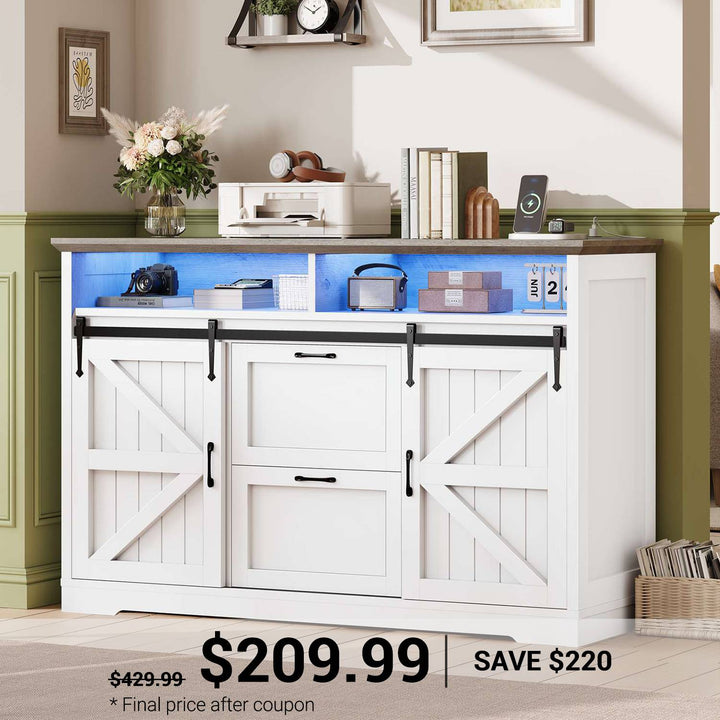 SEDETA 47.2 Inch File Cabinet 2 Drawers Farmhouse Filing Cabinets for A4 File with Barn Door Power Outlets Printer Stand LED Lights
