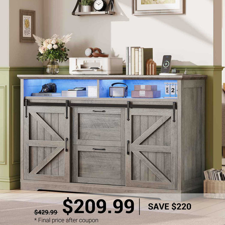 SEDETA 47.2 Inch File Cabinet 2 Drawers Farmhouse Filing Cabinets for A4 File with Barn Door Power Outlets Printer Stand LED Lights