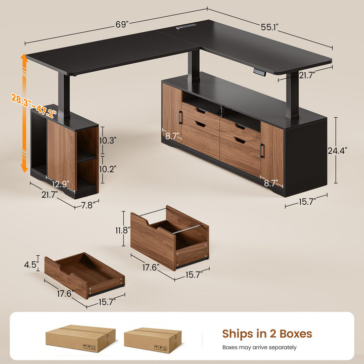 SEDETA® 69 Inch Height Adjustable Office Executive Desk with 4 Drawers L Shaped Electric Standing Desk with Open Storage Shelves Sit Stand Computer Desk with Power Outlet