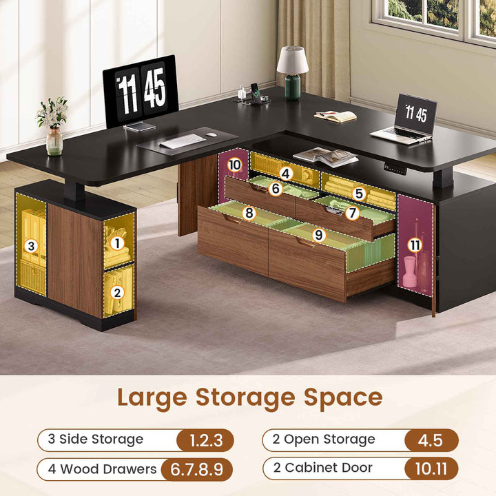 SEDETA® 69 Inch Height Adjustable Office Executive Desk with 4 Drawers L Shaped Electric Standing Desk with Open Storage Shelves Sit Stand Computer Desk with Power Outlet