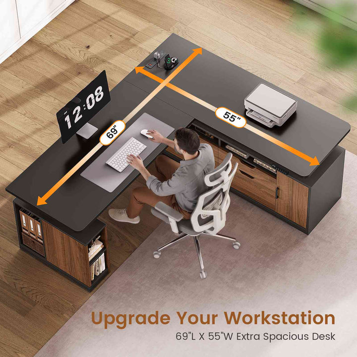 SEDETA® 69 Inch Height Adjustable Office Executive Desk with 4 Drawers L Shaped Electric Standing Desk with Open Storage Shelves Sit Stand Computer Desk with Power Outlet