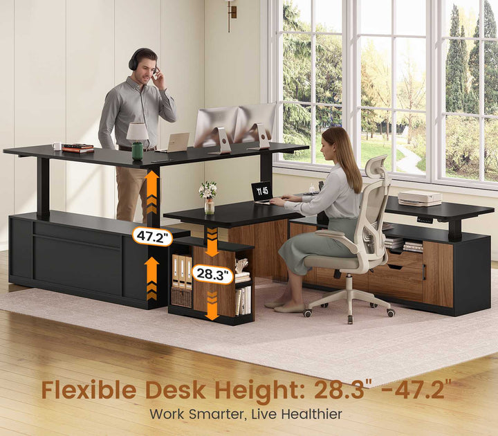 SEDETA® 69 Inch Height Adjustable Office Executive Desk with 4 Drawers L Shaped Electric Standing Desk with Open Storage Shelves Sit Stand Computer Desk with Power Outlet