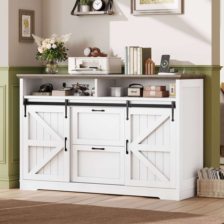 SEDETA 47.2 Inch File Cabinet 2 Drawers Farmhouse Filing Cabinets for A4 File with Barn Door Power Outlets Printer Stand LED Lights